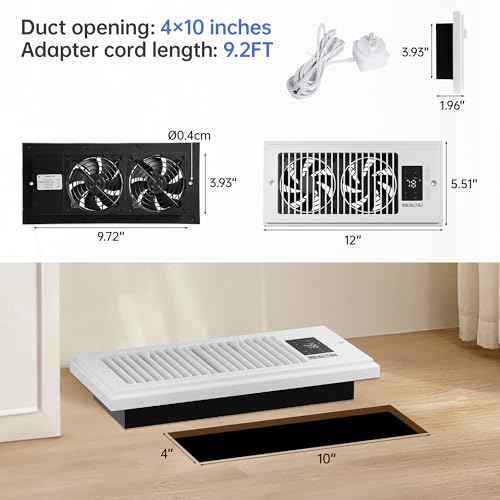 Register Booster Fan,10-Speed Smart Heating Cooling AC Vent Fan for 4" x 10" vent booster,Register Vent with Thermostat,for Room,Home(White)