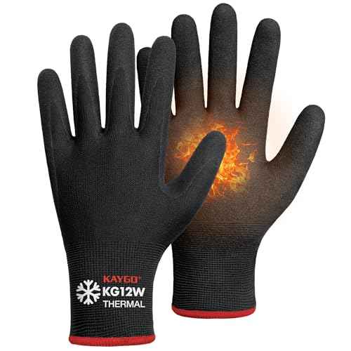 KAYGO 3 Pairs Winter Work Gloves for Men and Women, Thermal Insulated Safety Work Gloves Nitrile Coated, Super Grip on Palm & Fingers, Ideal for Freezer Work, KG12W Black, M