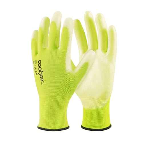 COOLJOB 60 Pairs Safety Work Gloves Pack Bulk with Grip PU Coating, 13 Gauge Seamless Knit Gloves with Polyurethane Dipped for Warehouse Working, Breathable Lightweight for Men Women, Yellow Large