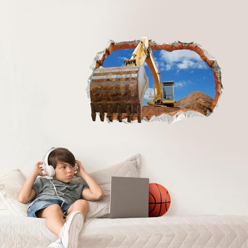 iinuu 3D Excavator Wall Decal, Construction Truck Crashing Through Wall Sticker for Boys¡¯ Room, Nursery or Playroom, Smashed Concrete Effect Wall Art