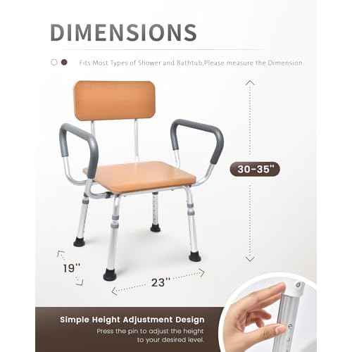 Sangohe Shower Chair for Inside Shower with Arms and Back, Height Adjustable Shower Chair for Elderly and Disabled, Wood Seat Board and Back, 400 lbs Heavy Duty Shower Seat for Seniors, 796A