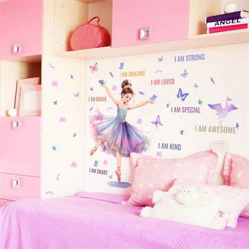 Lovely Dancing Ballet Girl Inspirational Quotes Wall Stickers, sacinora Butterfly Motivational Wall Decals Removable Vinyl Peel and Stick for Teens Girls Kids Nursery Bedroom Children¡¯s Room Art Decor