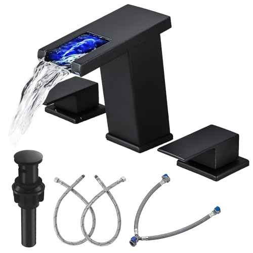LED Bathroom Faucet 3 Hole, Matte Black Waterfall Bathroom Faucets, 8 Inch Widespread Modern Bathroom Sink Faucet & Parts, Wide Spread Touch On Three Hole 2 Handle Bath Vanity Faucet Mixer