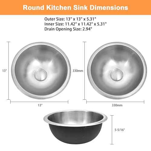 LQS Stainless Steel Round RV Sink, 13" x 13" Small RV Kitchen Sink, 5.31" Depth, RV Bathroom Sink with Sink Drain Assembly