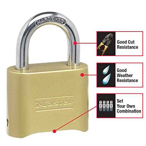 Master Lock Brass Combination Lock, Gate Lock for Outdoor Fence or Shed, Customizable Combination Padlock with 2-inch Wide Body and 1-inch Shackle, 2 Pack, 175EC2