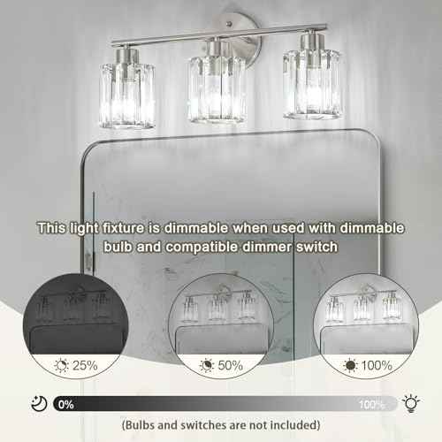 Crystal Bathroom Light Fixtures,Bathroom Lighting Fixtures Over Mirror, Modern 3-Light Brushed Nickel Vanity Lights for Mirror, Restroom,Kitchen(Ceramic E26 Socket,Bulbs Not Include)