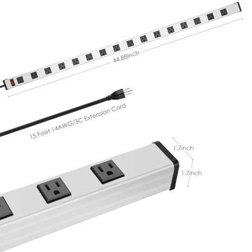 JUNNUJ Long Metal 16 Outlet Power Strip, Wide Spaced Garage Industrial Heavy Duty Power Strip with 15 FT Cord 15A, 125V, 1875W-Silver
