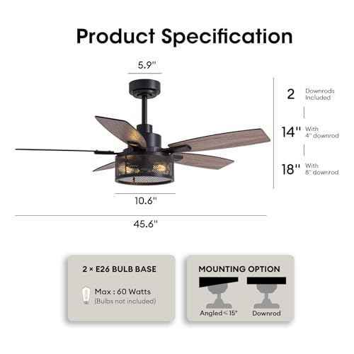 46 Inch Ceiling Fans with Lights and Remote Control, Farmhouse Ceiling Fan for Bedroom Living Room and Patio, Black Caged Ceiling Fan for Indoor and Outdoor