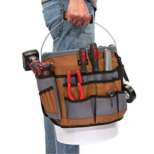 Dickies 35-Pocket 5-Gallon Bucket Organizer With Drill Holster, Padded Handle, and Tape Tether, for Contractors and Painters