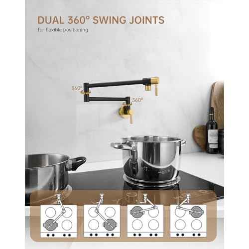Fransiton Black & Gold Pot Filler, Pot Filler Faucet Wall Mount, Brass Folding Stretchable with Double Joint Swing Arm Single Hole Two Handles Kitchen Restaurant