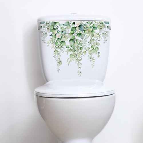 Green Plants Toilet Stickers -DIY Removable Waterproof Toilet Sticker-2 Sheets Leaves Flowers Toilet Lid Decals Self-Adhesive Plants Toilet Bathroom Cistern Decor 13.78x9.8in