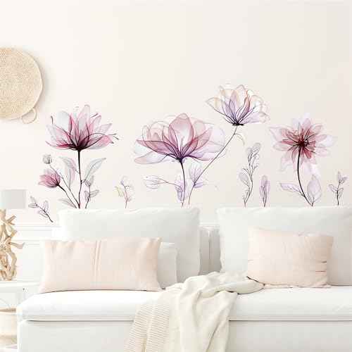 Ink Style Light Pink Flowers Wall Stickers, sacinora Lotus Peony DIY Floral Art Wall Decals Removable Vinyl Peel and Stick for Living Room Bedroom Nursery Toddler Room Decorations