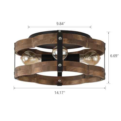 4-Light Rustic Farmhouse Wood Flush Mount Ceiling Light Fixture 14.17 inch Oak Wood and Metal Cloud Cage Semi Flush Mount Ceiling Light for Hallway Hall Entry Bedroom Farmhouse Indoor, Black