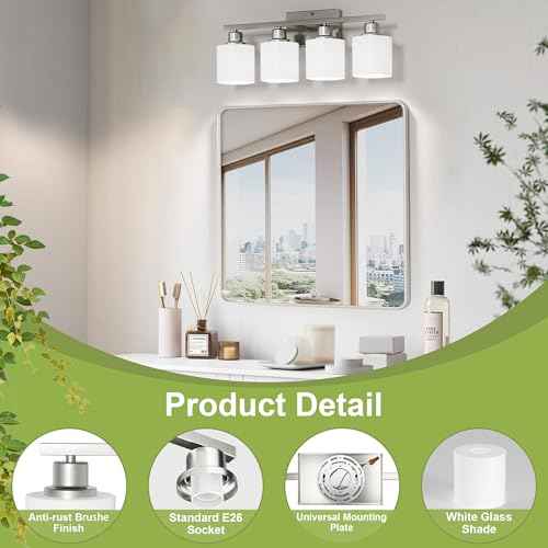 Bathroom Lights Over Mirror Brushed Nickel, Anti-Rust 4-Light Bathroom Vanity Light Fixtures, Modern 24Inches Wall Sconces E26 Base, Milky White Glass Shades, Bulbs Not Included