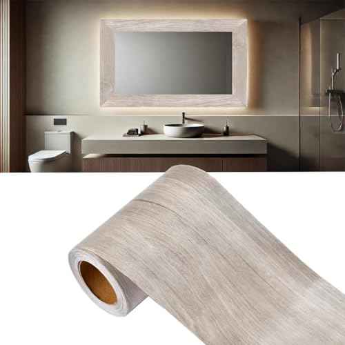 Wood Grain Wallpaper Border, 3.94¡¯¡¯ x 32.8 FT, Peel and Stick Bathroom Mirror Frame Border, Self Adhesive Wood Grain Repair Tape, PVC Waterproof Border Decor, Wood Furniture Renovation(Gray Chestnut)