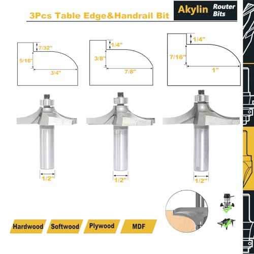 3Pcs Table Edge and Handrail Router Bit,1/2 Inch Shank, Cutting Depth 3/4",7/8",1" Thumbnail Edge Cutters, Carbide Tipped 2 Flute, for Table Wood Profiling,Molding,Edging