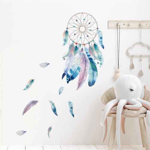Blue-Green Dream Catcher Feathers Wall Stickers, sacinora Plume Wall Decals Removable Vinyl Peel and Stick for Living Room Bedroom Nursery Art Decorations