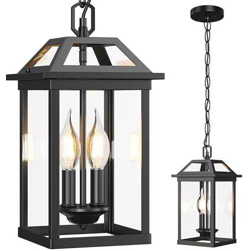 WIHTU Large Outdoor Pendant Light with 2 Bulbs, 14.96" Modern Hanging Lantern Ceiling Mount, Waterproof Outside Chandelier Exterior Hanging Fixture with Tempered Glass for Porch