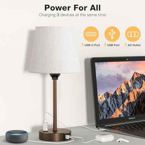 Brown Bedside Lamps for bedrooms Set of 2 - Nightstand Bedroom Lamp with USB C Port and AC Outlet Charging, 3 Way Dimmable Touch Control Small Bed Side Table Lamp, Nightstand Light for Kids