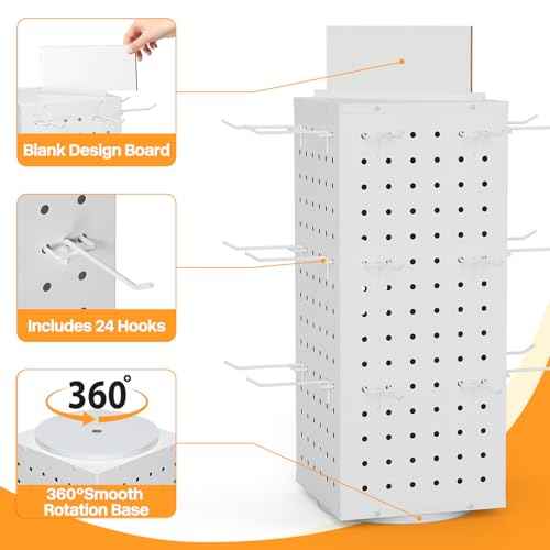 Rotating Pegboard Display Stand with 24 Hooks, Tabletop Metal Peg board Shelf for Craft Shows & Fairs, Retail Stores, Vendors Arts and Crafts Finishing - 4-Sided Craft Rack Organizer (White)