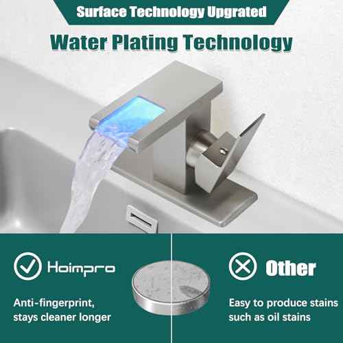 Hoimpro LED Waterfall Bathroom Faucet Brushed Nickel, Single Handle Bathroom Sink Faucet 1 Hole, 3 Colors Light Changing, with Pop-up Drain and cUPC Supply Lines, Stainless Steel