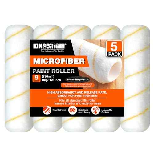 King Origin 9 Inch Microfiber Paint Roller Covers 1/2" Nap - Professional Wall & Ceiling Paint Supplies, 5-Pack Paint Roller Naps for Roller Frame, No Drip Painting Tools for Home