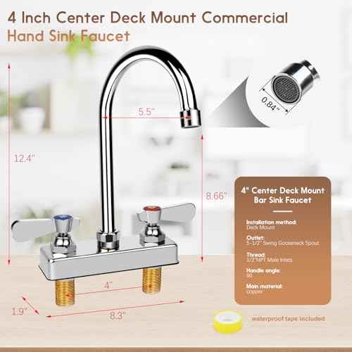 Commercial Bar Sink Faucet 4 Inch Center Deck Mount, 5-1/2" Gooseneck Swivel Spout Hand Sink Faucet with Ceramic Valve, 2 Hole Brass Constructed & Chrome Polished with Dual Lever Handles