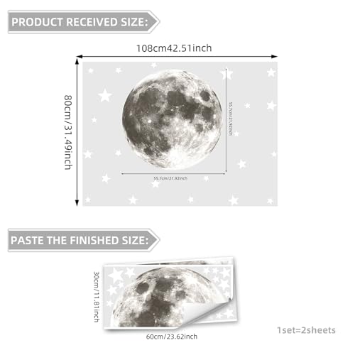 Full Moon Wall Decor Silver Star Wall Decals Peel and Stick Vinyl Space Wall Stickers & Murals Removable Boy Nursery Decor for Kids Girls Bedroom Playroom Living Room Classroom Kindergarten