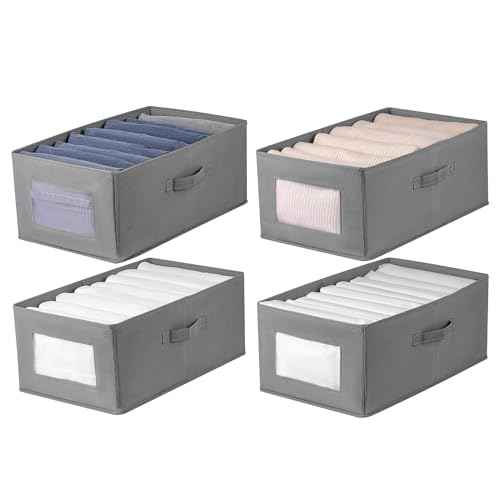 4 Packs Linen Storage Bins with Clear Window, Closet Organizers and Storage Containers with Handle, Large Storage Box Basket for Clothing, Jeans, Toys, Books, Shelves(18.50x11.02x7.87in.)