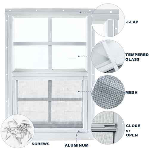 12" x 18" Shed Window, 2 Pack White Flush Mount Household Windows with Tempered Glass and Fiberglass Screen for Shed, Garage, Chicken Coop, Playhouse, Small Tiny House