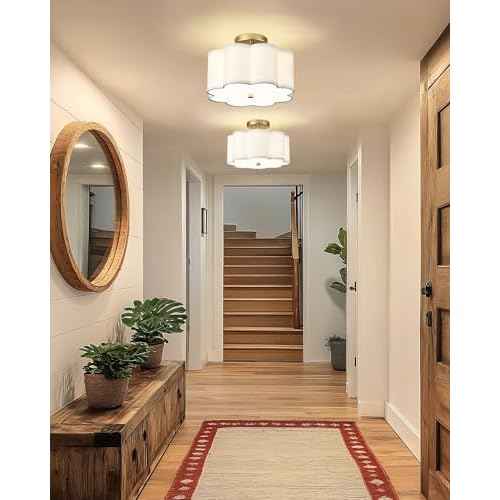 Gold Semi Flush Mount Ceiling Light, 3-Light 12.5" Ceiling Lighting Fixtures with Fabric Shade in Flower Shape, Farmhouse Brass Drum Lights for Nursery Hallway Bedroom, AD-22007-3SF-GD