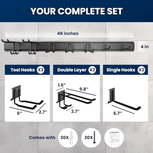 48'' All-Metal Garage Tool Organizer Wall Mount ? Heavy-Duty Tool Rack Holds 450 lbs, Adjustable Hooks for Garage, Yard, and Garden Equipment