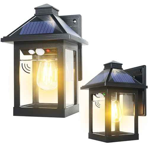 2 Pack Solar Powered Wall Lantern Lights with 3 Lighting Modes, LED Dusk to Dawn Solar Sconce Outdoor Wall Mount, Motion Sensor Front Porch Lights Fixtures Waterproof for Patio Garage