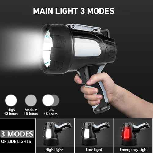 LBE Rechargeable Spotlight Outdoor, 90,000 Lumens Led Spotlight Flashlight with Cob Light and Foldable Tripod, 6 Modes Waterproof Handheld Spot Light for Outdoor Marine Boating H?nting