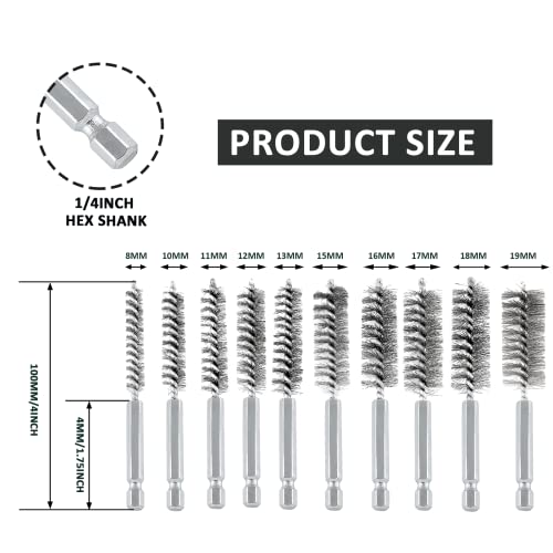 10 Pcs Stainless Steel Wire Brush Set, Bore Brush Set with 1/4 Inch Hex Shank, Power Drill Attachments for Rust Polish & Tube Cleaning (8/10/11/12/13/15/16/17/18/19mm)
