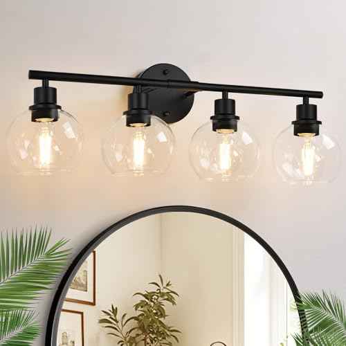 2025 Upgrade 4-Light Bathroom Light Fixtures, Black Bathroom Lights Over Mirror with Clear Glass Globe Shade, Vanity Lights for Bathroom Kitchen Living Room Hallway Cabinet Bedroom Porch