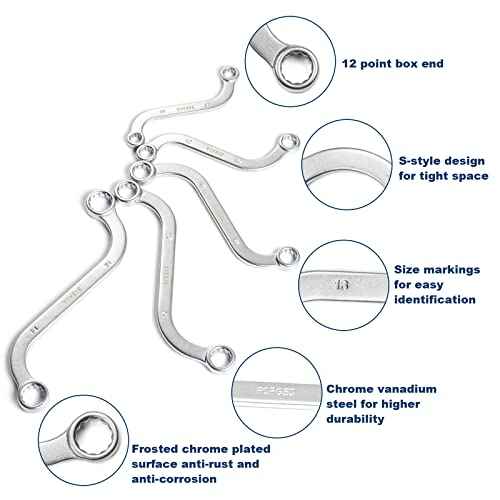 Offset S-Style Box End Wrench Set, 5-Piece, Chrome Vanadium Steel, 10x11mm, 12x13mm, 14x15mm, 16x17mm, 18x19mm