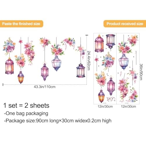 Hanging Flower Vine Wall Stickers Floral and Lamp Peel and Stick Wall Art Decals Flower Vine Wall Decor for Living Room Bedroom TV Background Spring Party Decoration