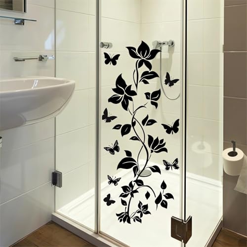 Black Vine Flower Butterfly Wall Stickers, sacinora Simplicity Floral Art Wall Decals Removable Vinyl Peel and Stick for Bathroom Living Room Bedroom Home Decorations