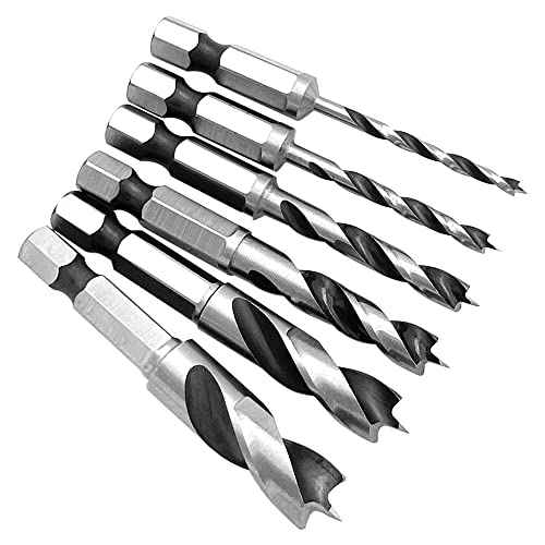 6pcs 1/4" Quick Change Hex Shank Wood Brad Point Stubby Short Drill Bit Set HSS 4241 Woodworking Drill for Right Angle Drill and Used in Tight Spaces