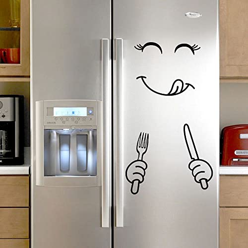 2Pcs Smile Face Cute Fridge Sticker Happy Delicious Face Kitchen Wall Refrigerator Vinyl Stickers Art Wall Decal Home Decoration(20inch,Black)