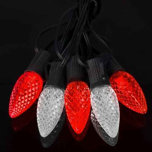 Minetom 50 Pack C9 LED Replacement Strawberry Christmas Light Bulb, Red and Pure White C9 Shatterproof Led Bulb for Christmas String Light, E17 Intermediate Base, Commercial Grade Dimmable Bulbs
