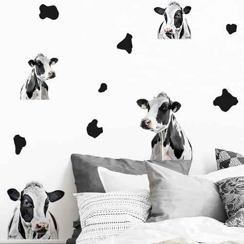 Funny Cows and Cow Print Wall Stickers, sacinora Modern Cow Spot DIY Wall Decals Removable Black Vinyl Peel and Stick for Living Room Bedroom Bathroom Door Furniture Nursery Art Home Decorations