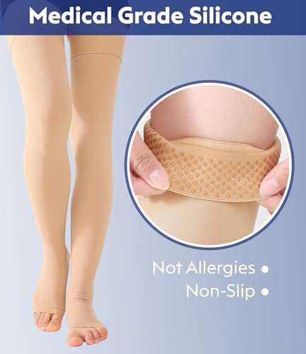 Thigh High Compression Stockings Toeless - Unisex, Opaque, KEKING 15-20mmHg Graduated Compression Leg Support Hose with Anti-Slip Silicone Band - Swelling, Varicose Veins, Edema, Travel,Beige 4X-Large