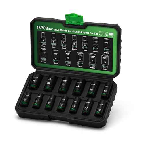 3/8-Inch Drive 12-Point Metric Semi-Deep Impact Socket Set, Mid-Length Socket Set, 7mm to 19mm, CR-MO, Stamped and Ink Filled Size Marking, 13-Piece