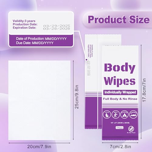 200Pcs Disposable Body Wipes, 7.8 x 9.8 inch Individually Wrapped Bath Wipes for Women and Men, No Rinse-Free Large Body Bath Shower Wipes for Home Travel Hotel Outdoors Camping After Gym ((Purple)