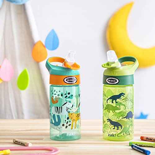 Zak Designs 16oz Riverside Kids Water Bottle with Spout Cover and Built-in Carrying Loop, Made of Durable Plastic, Leak-Proof Water Bottle Design for Travel (Dino Camo & Safari, Pack of 2)