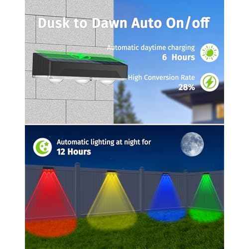 Solar Fence Lights Outdoor 12 Pack Upgraded High Brightness 3 LED Spot Lens Waterproof Deck Lights 7 Mode Warm&Cool White RGB Solar Powered Wall Lighting Decor for Outside Patio Step Backyard Railing