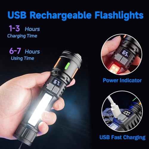 2 Pack High Lumens Rechargeable Flashlights,5 Modes Super Bright Flashlight with LED Battery Powered,Waterproof Flashlight,Zoomable Flash Light for Outdoor Camping