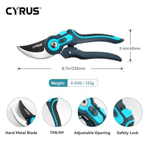 CYRUS Pruning Shears, Garden Shears Sk5 Steel Blades, 2-Stage Adjustable Diameter Pruning Shears12-22 mm, Rose Shears, Professional Bypass Shears, Plant Garden Tools, Hedge Clippers, Pruning Shears